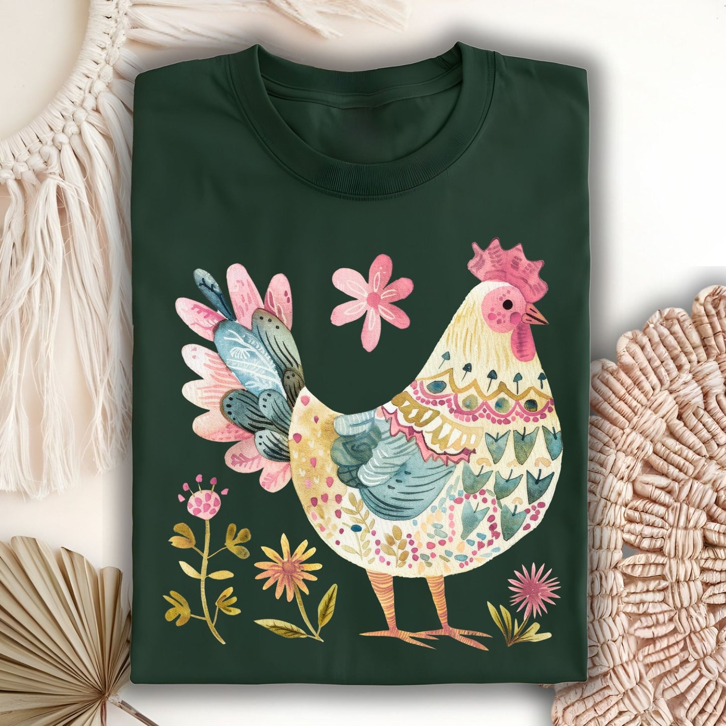 Folk Art Rooster and Flowers T-Shirt