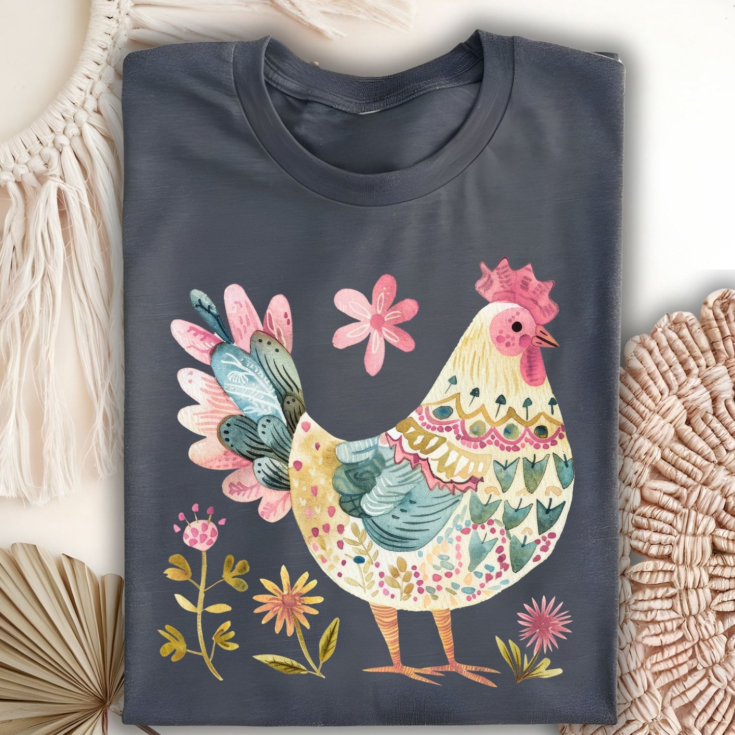 Folk Art Rooster and Flowers T-Shirt