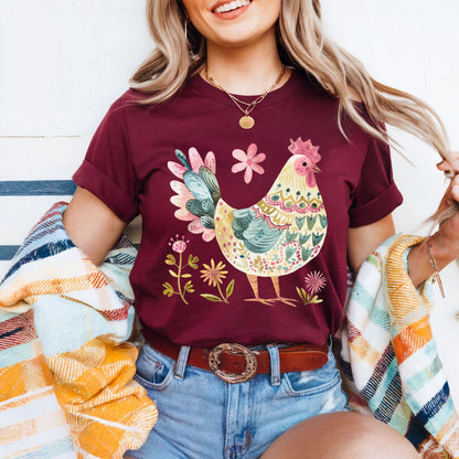 Folk Art Rooster and Flowers T-Shirt