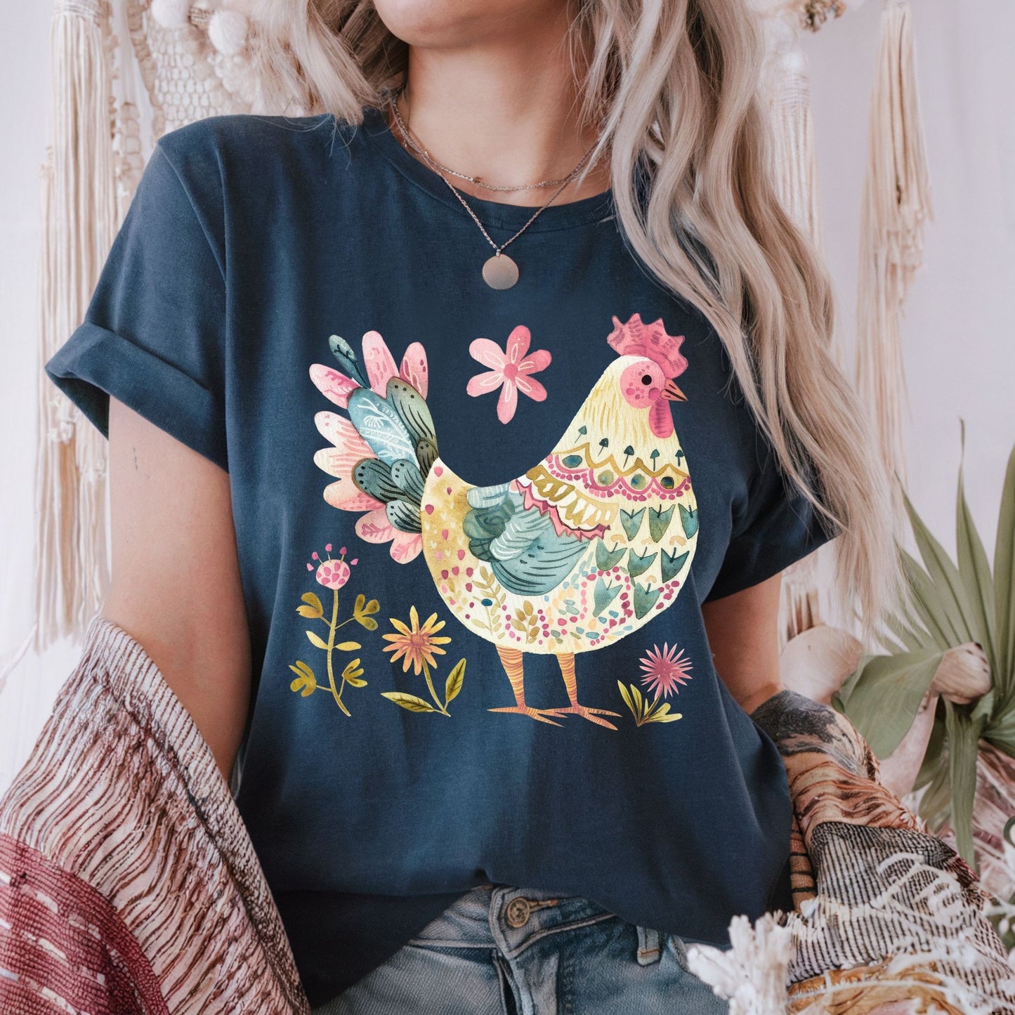 Folk Art Rooster and Flowers T-Shirt