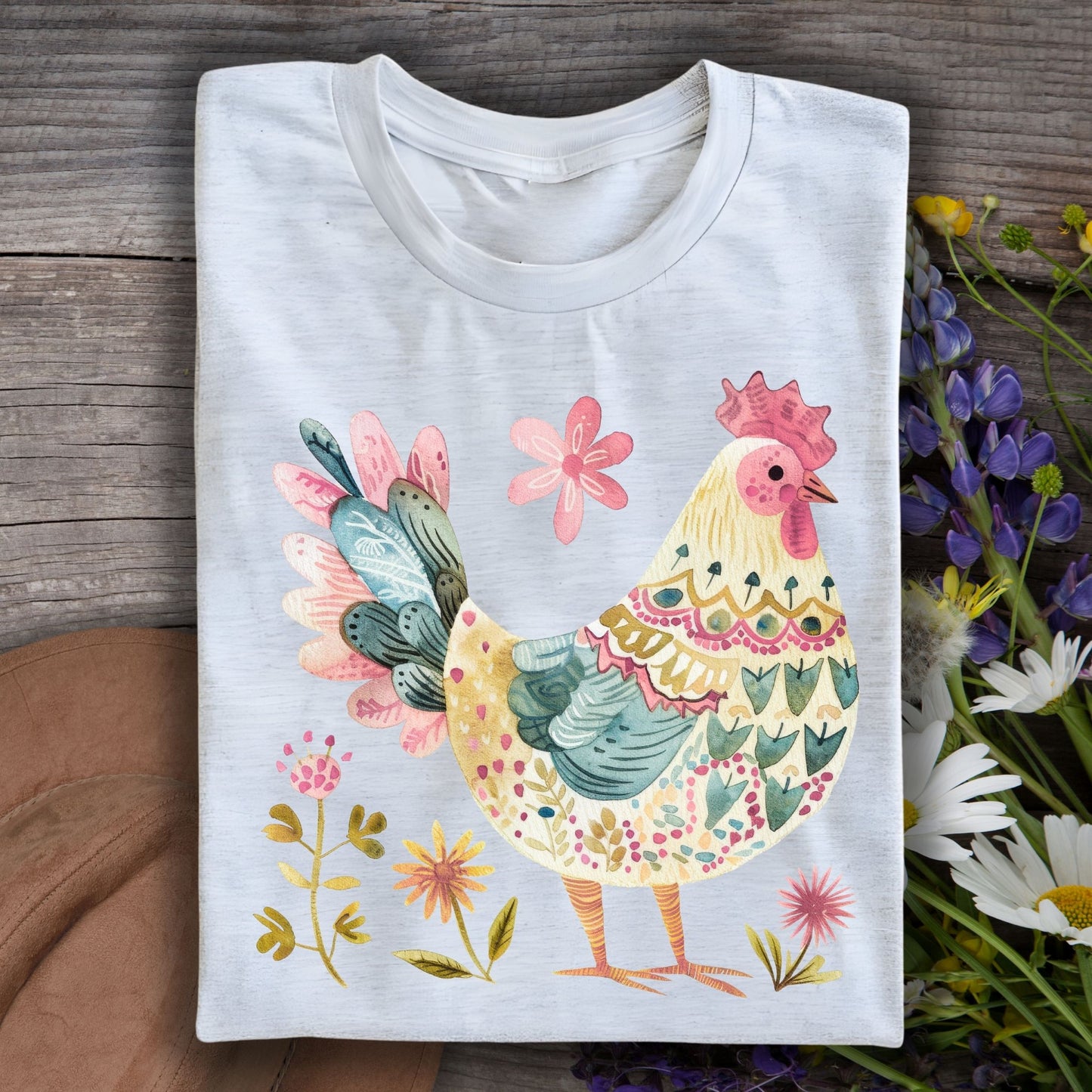 Folk Art Rooster and Flowers T-Shirt