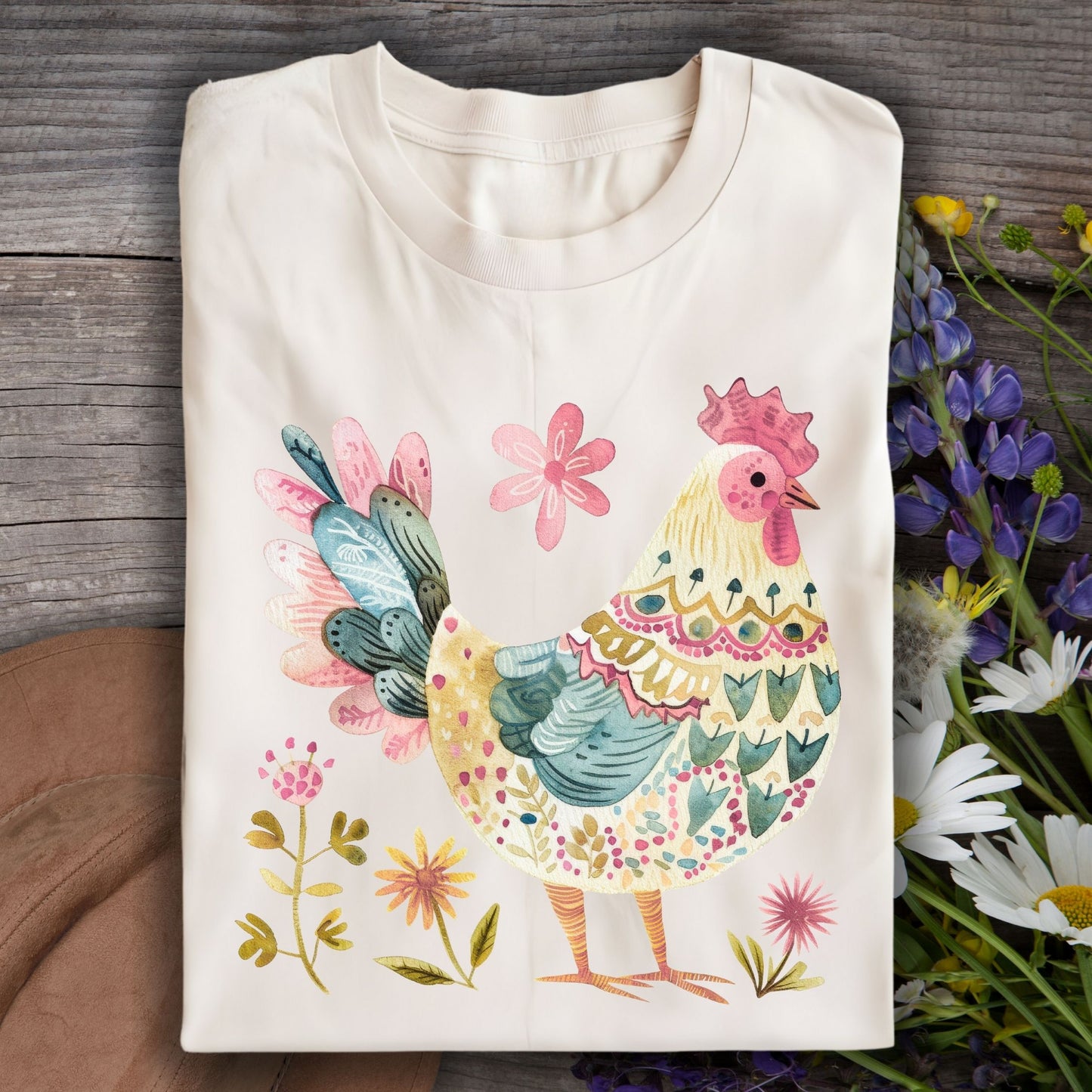Folk Art Rooster and Flowers T-Shirt