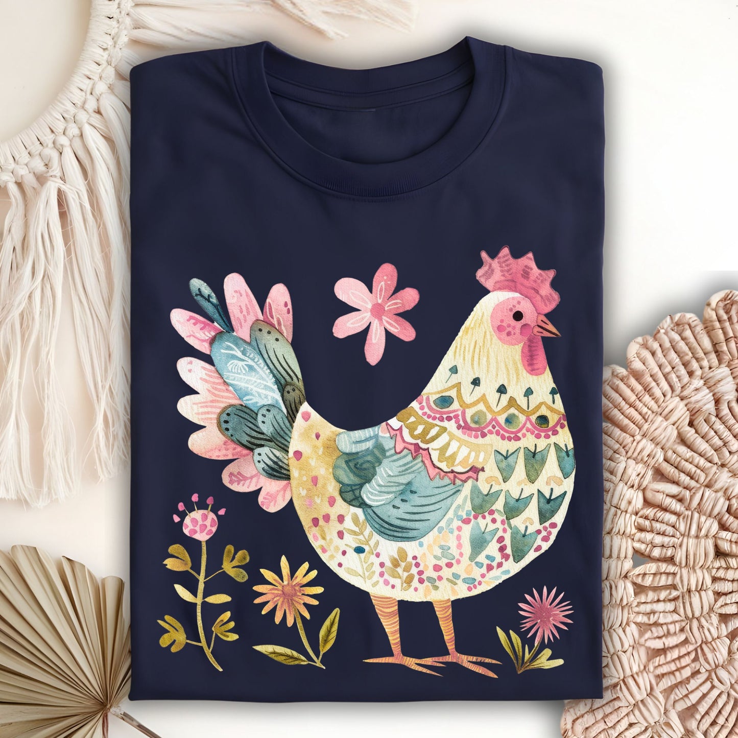 Folk Art Rooster and Flowers T-Shirt