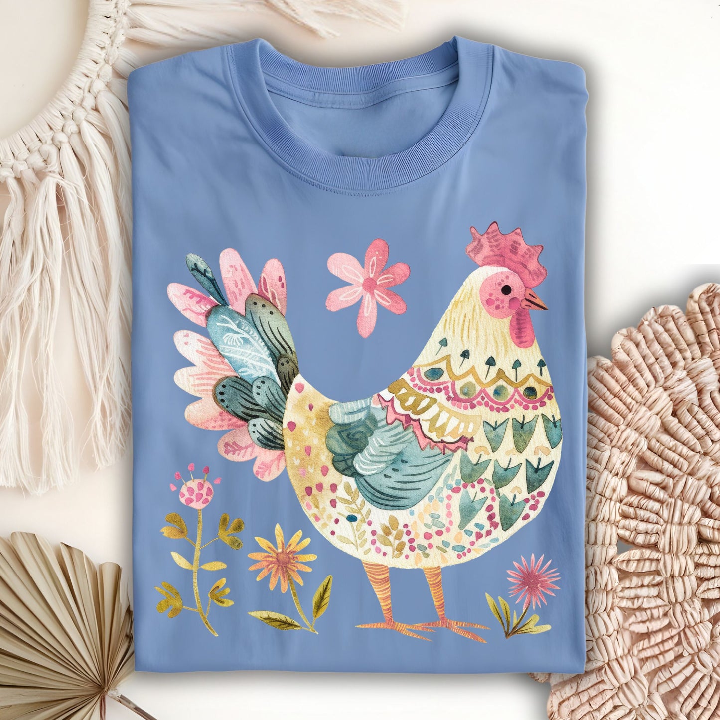 Folk Art Rooster and Flowers T-Shirt