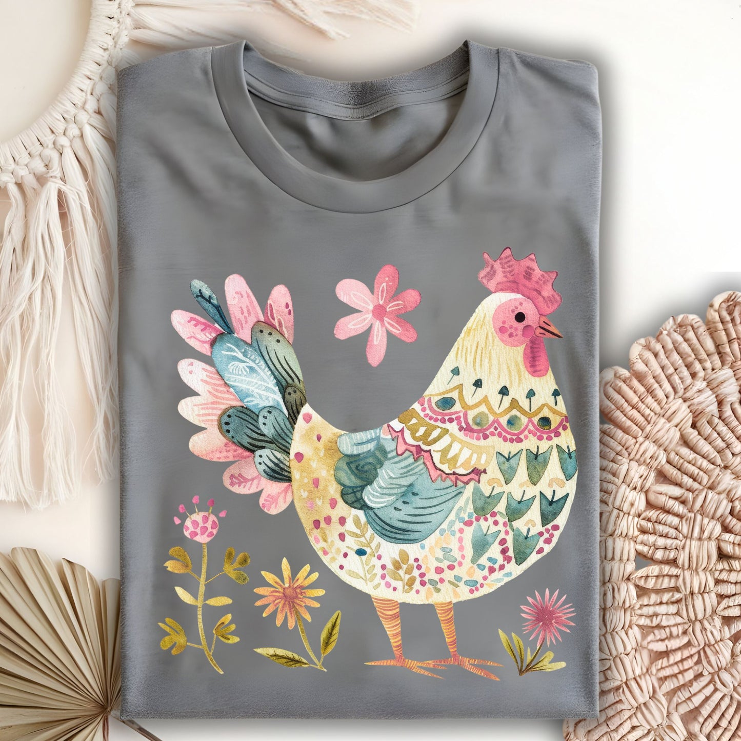 Folk Art Rooster and Flowers T-Shirt