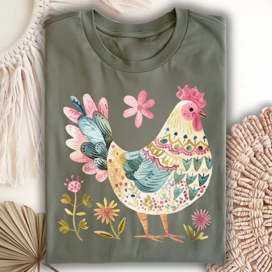Folk Art Rooster and Flowers T-Shirt