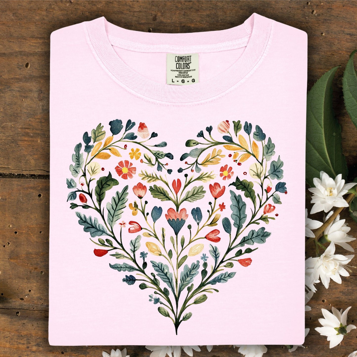Folk Art Rose Floral Heart T-Shirt