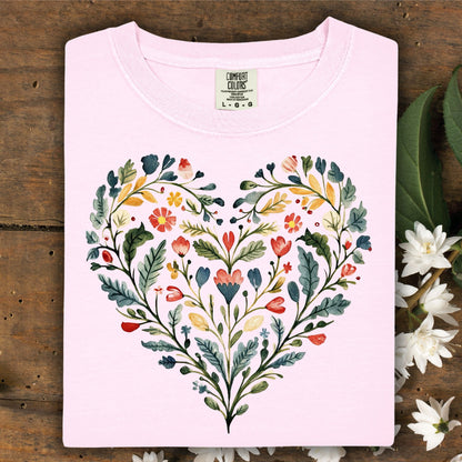 Folk Art Rose Floral Heart T-Shirt