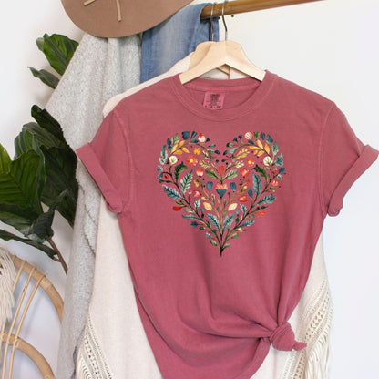 Folk Art Rose Floral Heart T-Shirt