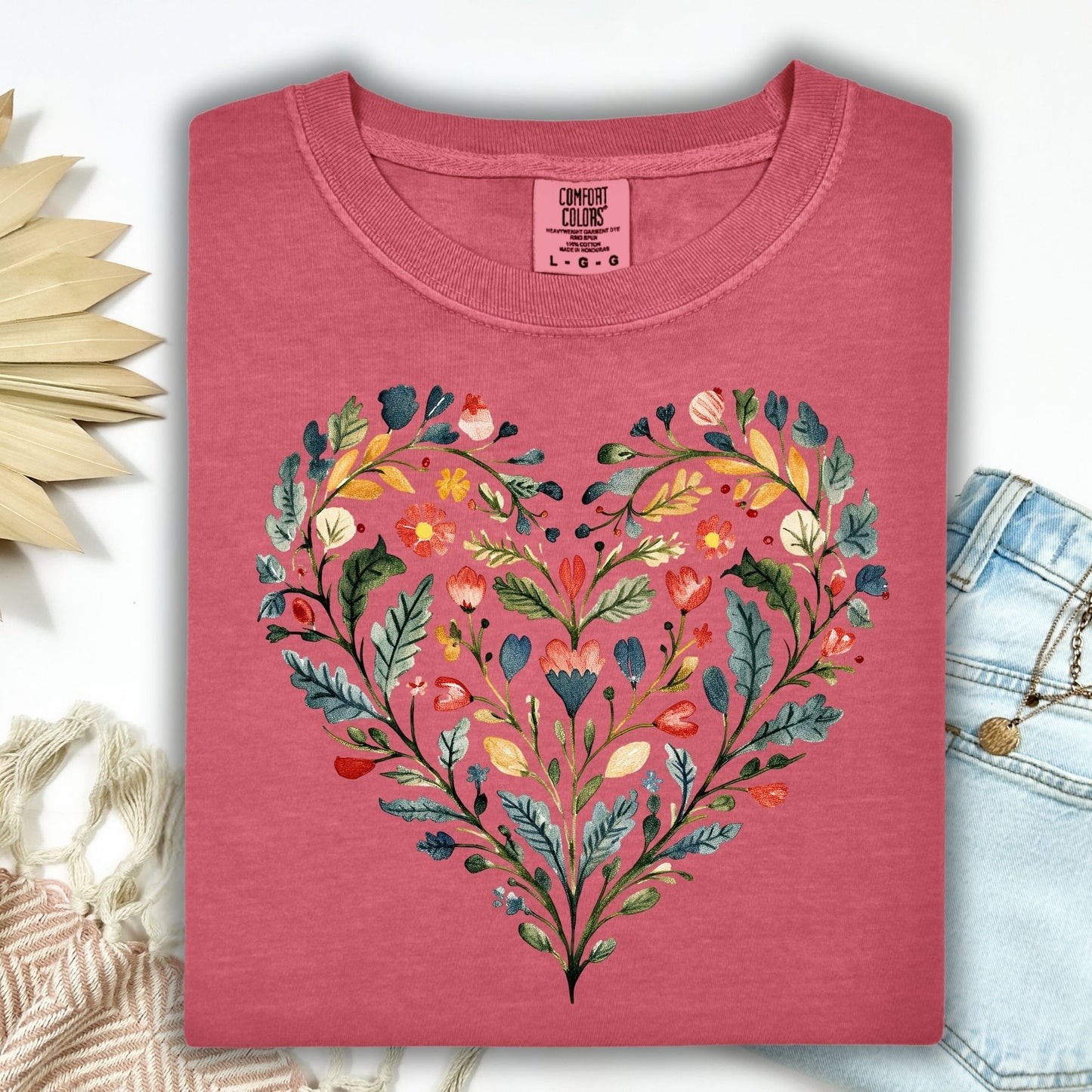 Folk Art Rose Floral Heart T-Shirt