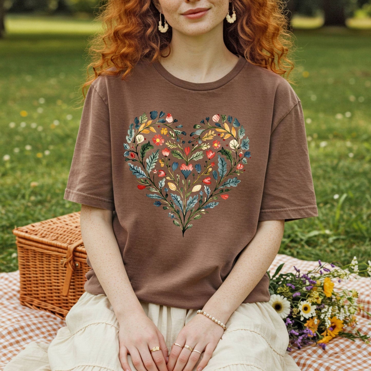 Folk Art Rose Floral Heart T-Shirt