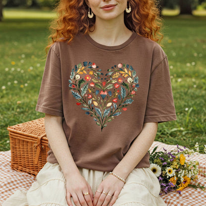Folk Art Rose Floral Heart T-Shirt