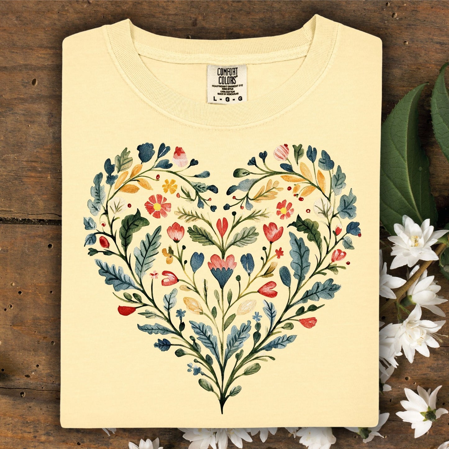 Folk Art Rose Floral Heart T-Shirt