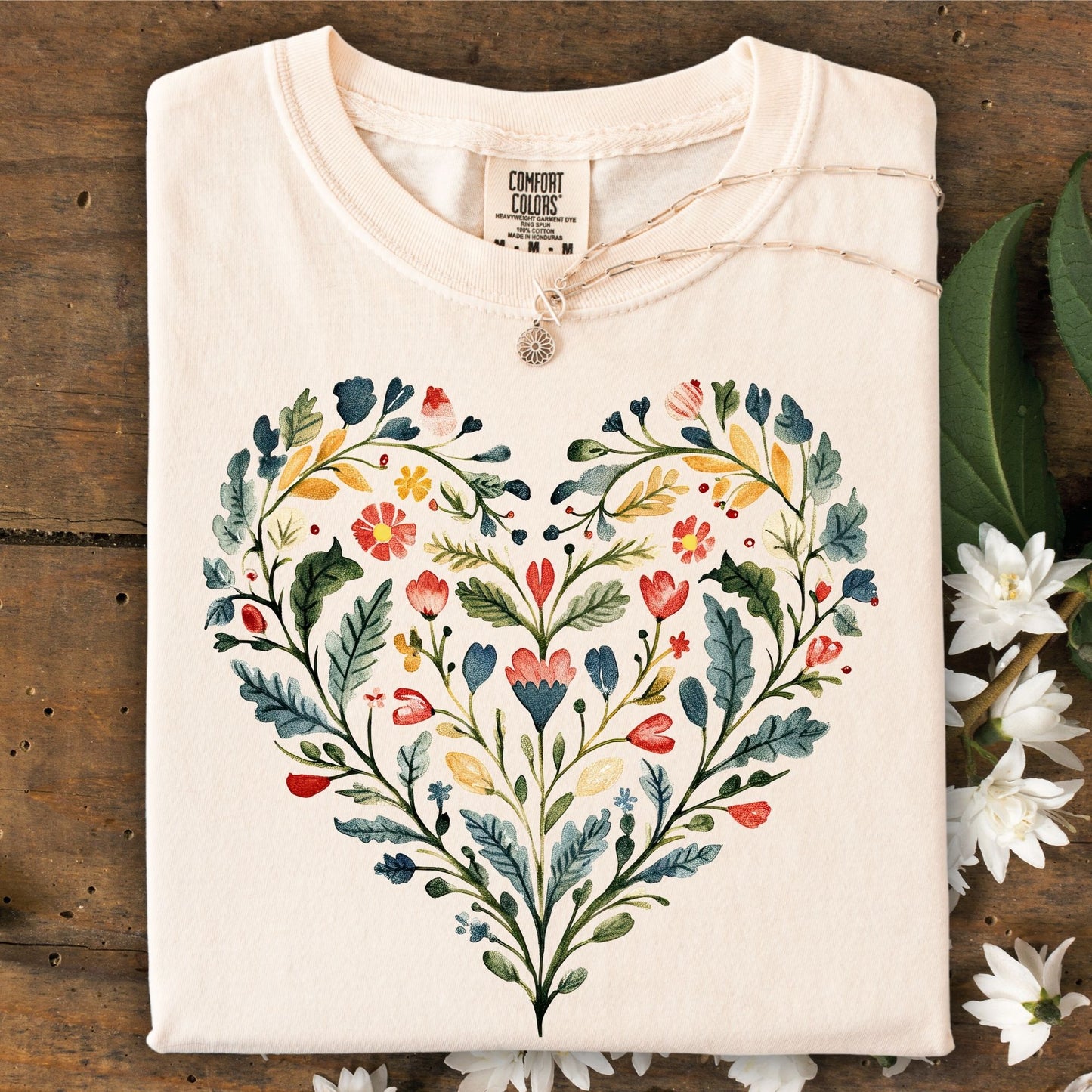 Folk Art Rose Floral Heart T-Shirt