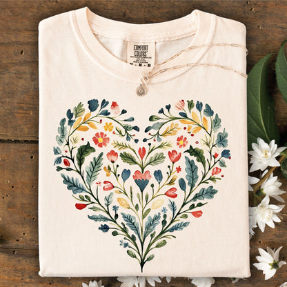 Folk Art Rose Floral Heart T-Shirt