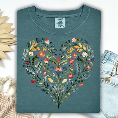 Folk Art Rose Floral Heart T-Shirt