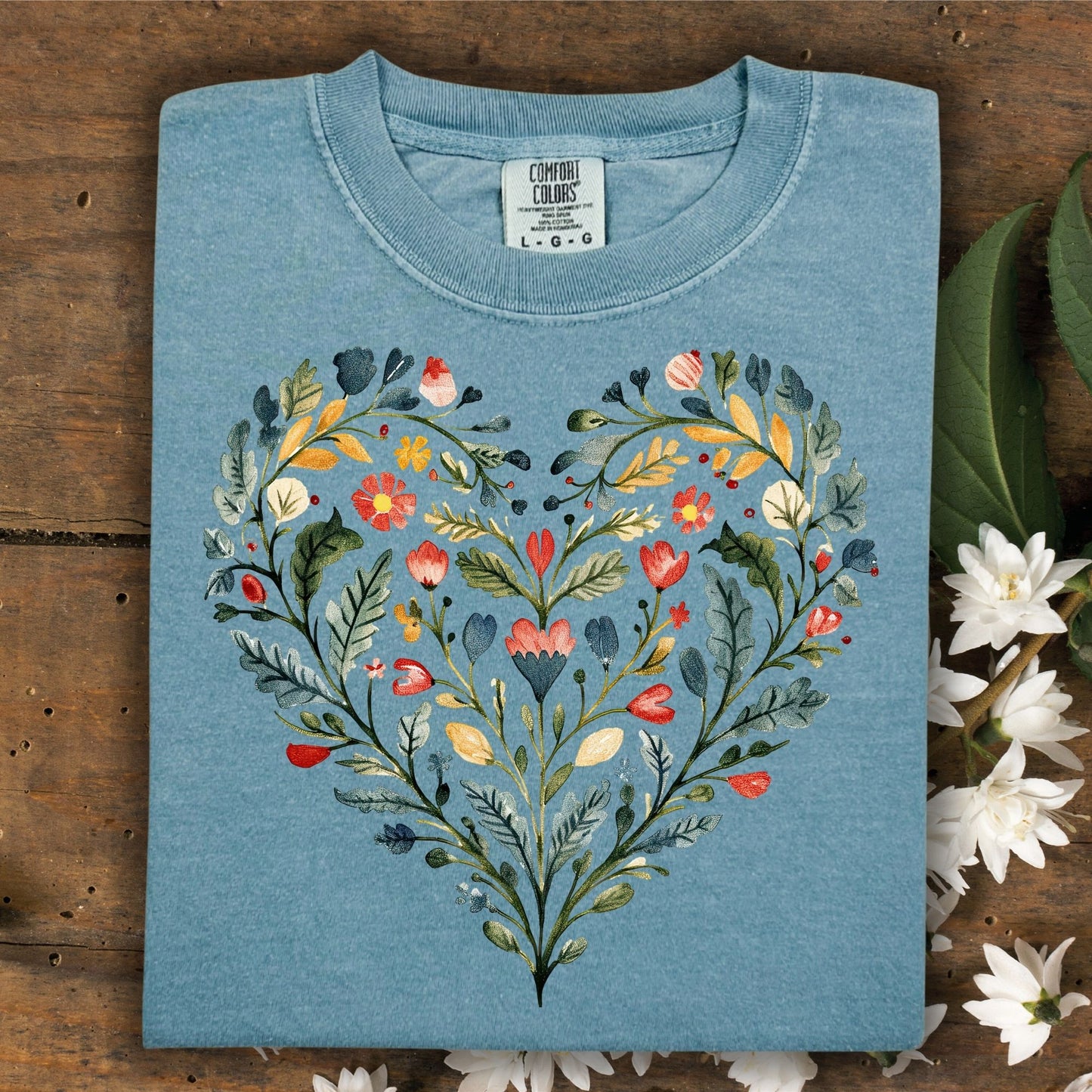 Folk Art Rose Floral Heart T-Shirt