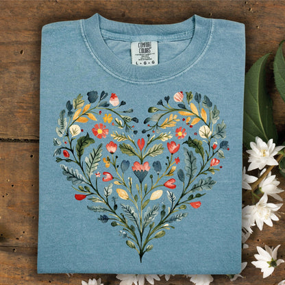 Folk Art Rose Floral Heart T-Shirt