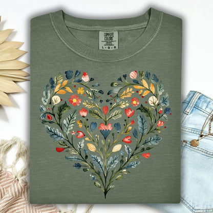 Folk Art Rose Floral Heart T-Shirt