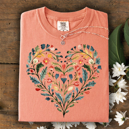 Folk Art Rose Floral Heart T-Shirt