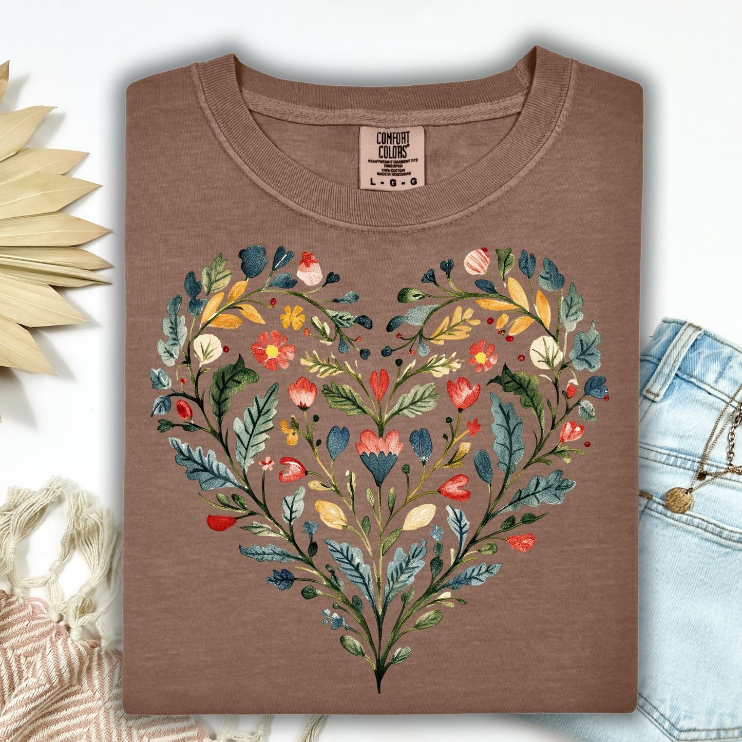 Folk Art Rose Floral Heart T-Shirt