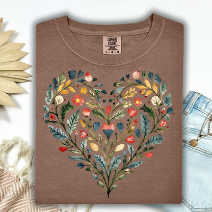 Folk Art Rose Floral Heart T-Shirt