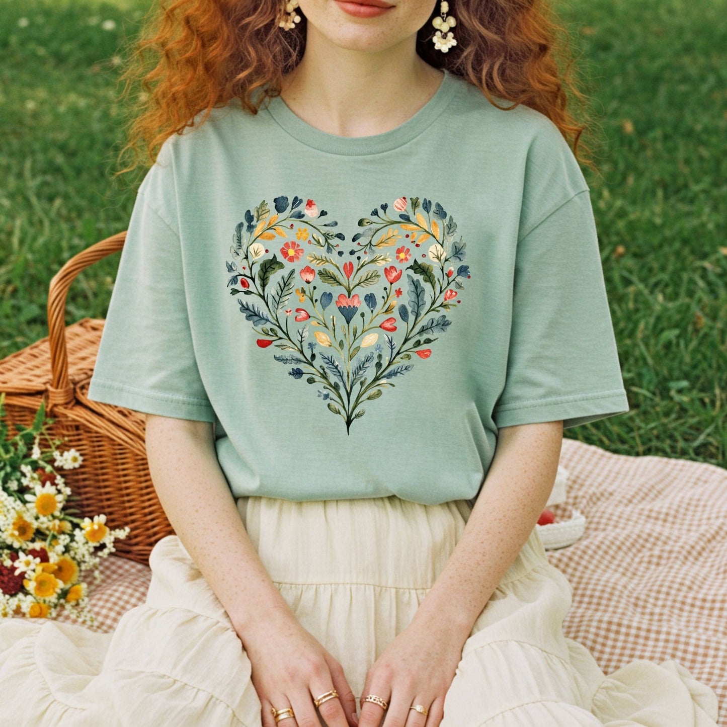 Folk Art Rose Floral Heart T-Shirt