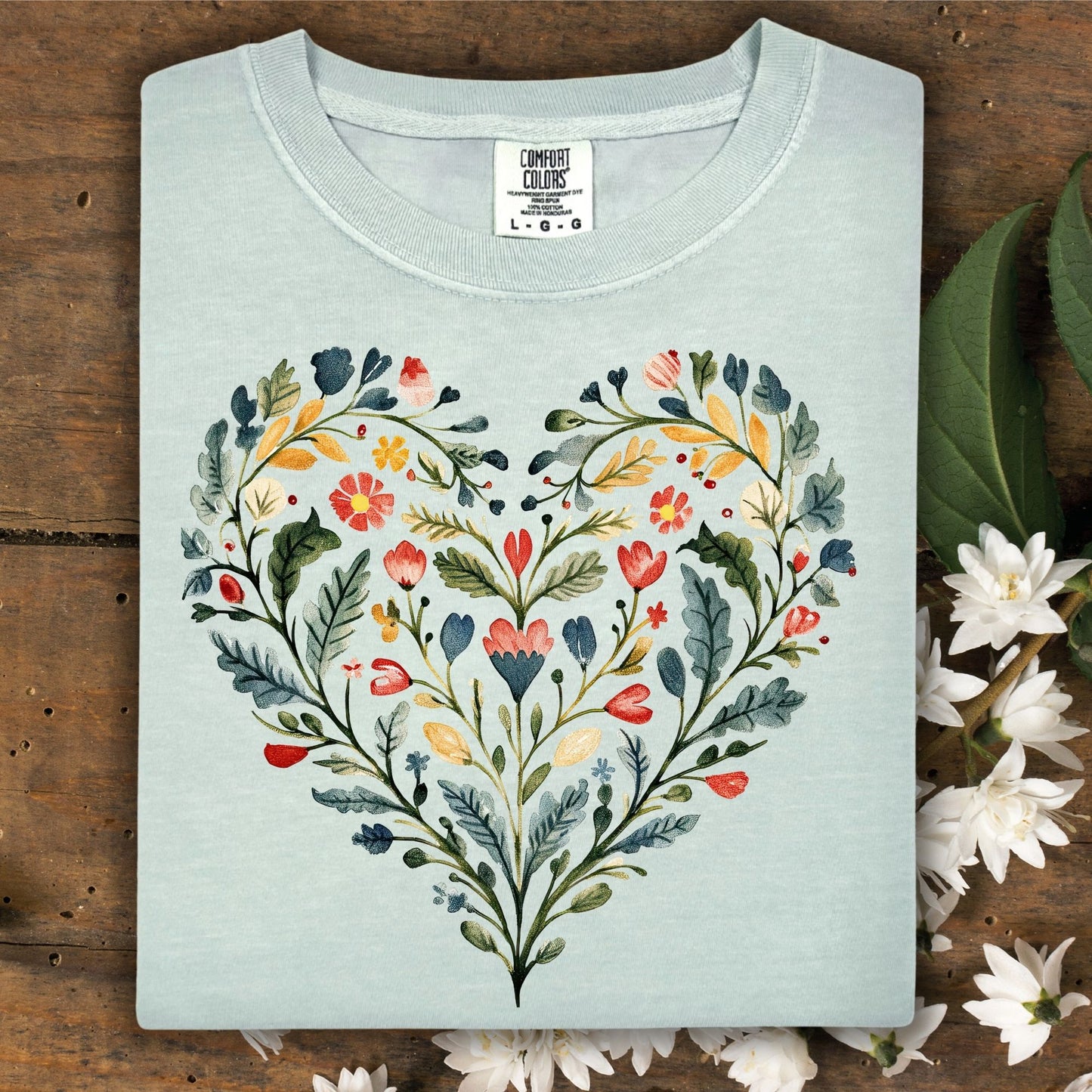 Folk Art Rose Floral Heart T-Shirt
