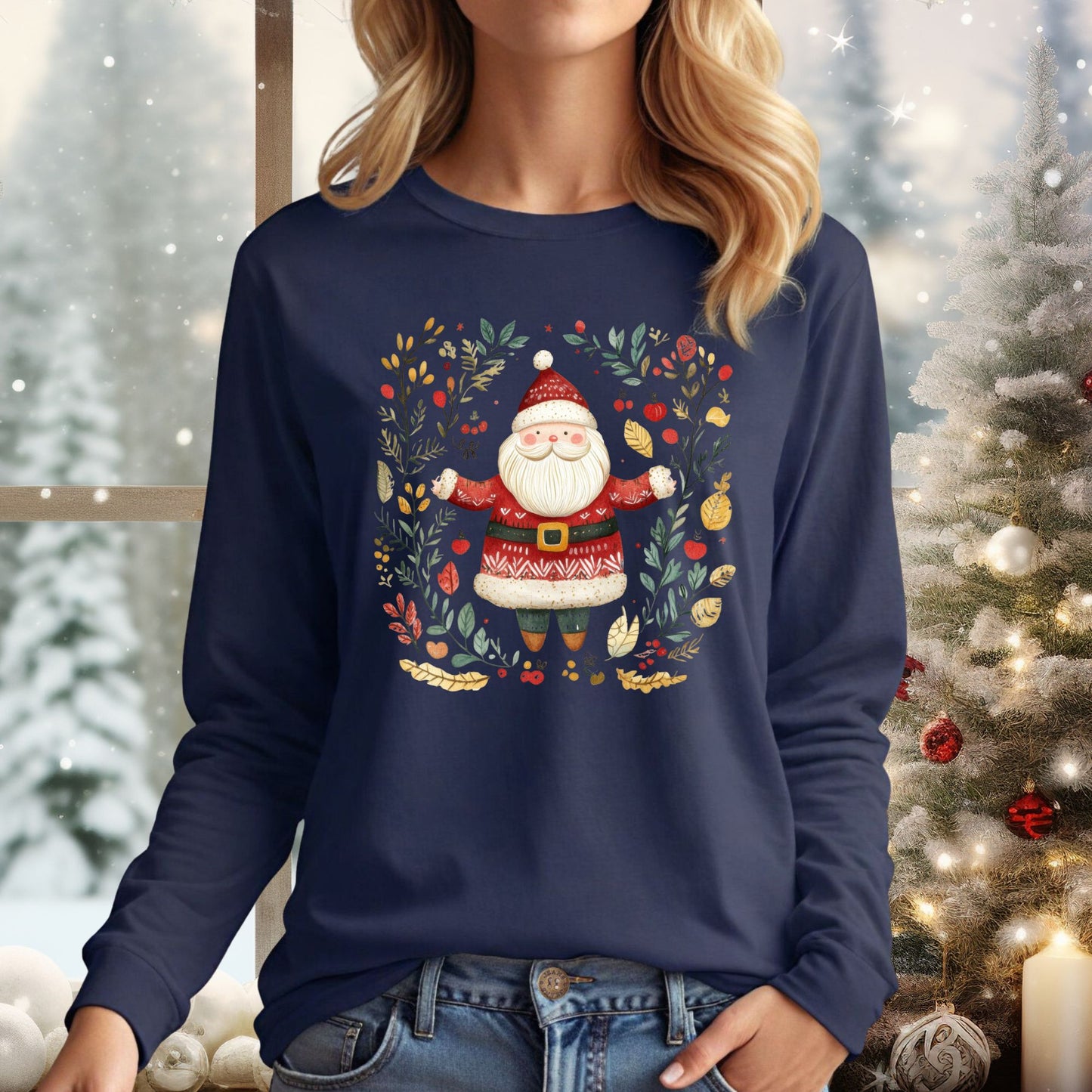 Folk Art Santa Wreath Long Sleeve Tee