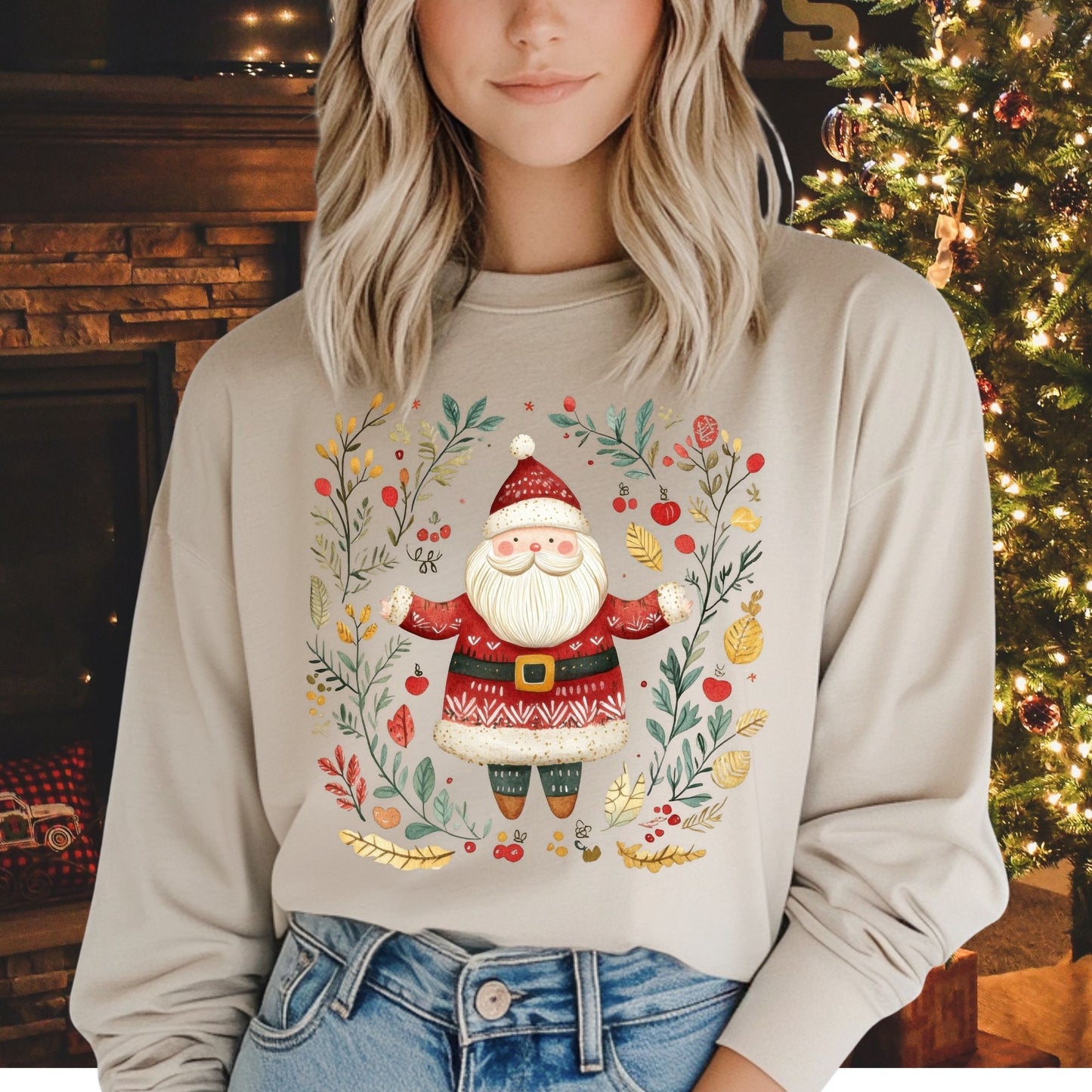 Folk Art Santa Wreath Long Sleeve Tee