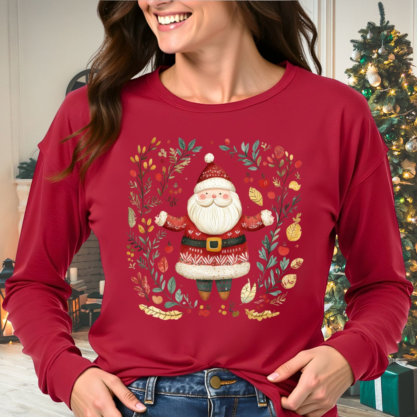 Folk Art Santa Wreath Long Sleeve Tee