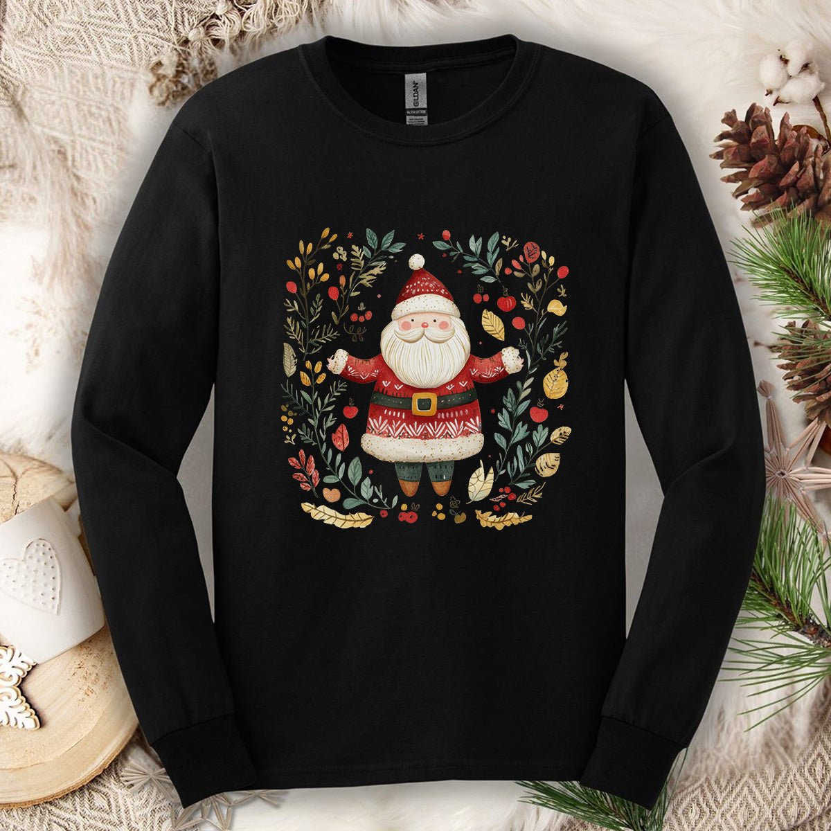 Folk Art Santa Wreath Long Sleeve Tee