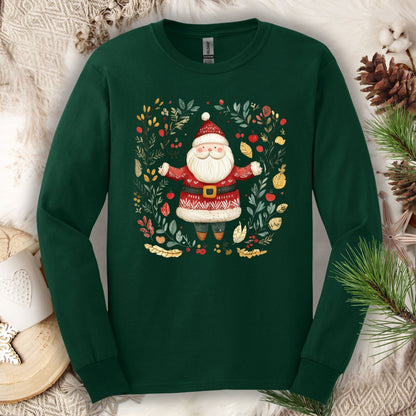 Forest Green Gildan Softstyle long sleeve tee with a folk art Santa in a festive wreath.