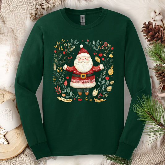 Forest Green Gildan Softstyle long sleeve tee with a folk art Santa in a festive wreath.