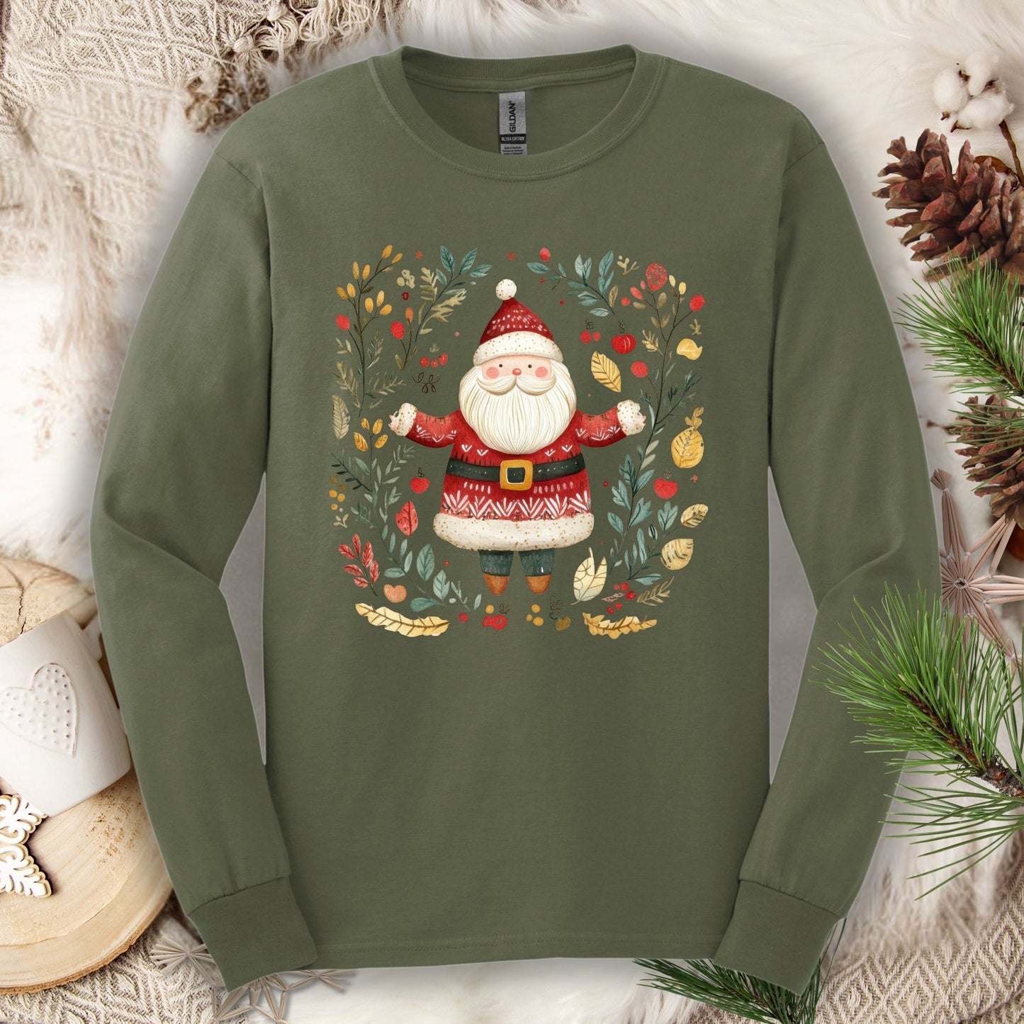 Military Green Gildan Softstyle long sleeve tee with folk art Santa in a festive wreath.