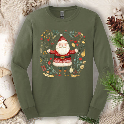 Military Green Gildan Softstyle long sleeve tee with folk art Santa in a festive wreath.