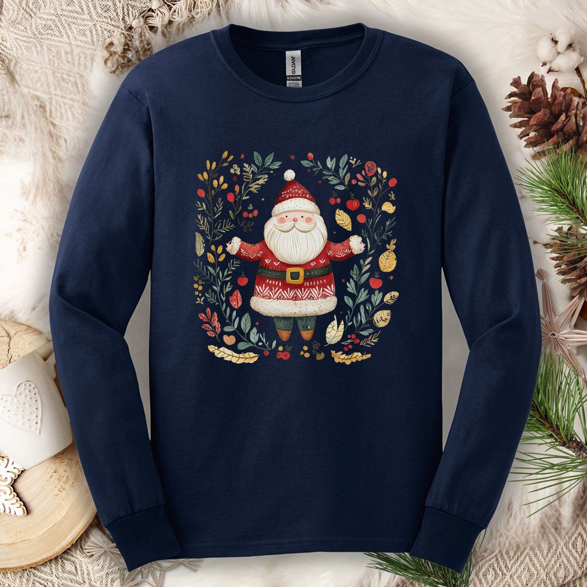 Folk Art Santa Wreath Long Sleeve Tee
