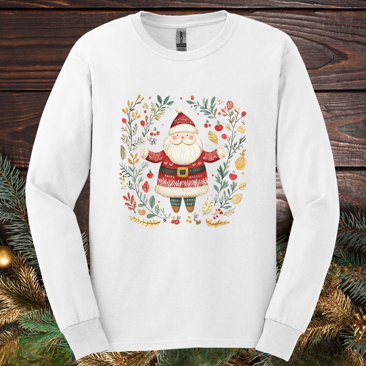 Folk Art Santa Wreath Long Sleeve Tee