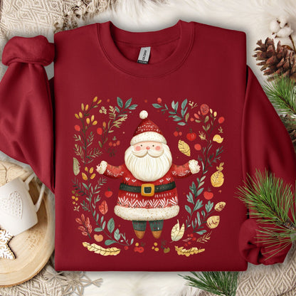 Cardinal Red Folk Art Santa Wreath Sweatshirt, featuring a detailed Santa in a wreath of evergreens, holly, and golden accents.