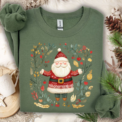 Military Green Folk Art Santa Wreath Sweatshirt, a cozy midweight fleece with elegant red, green, and gold detailing.
