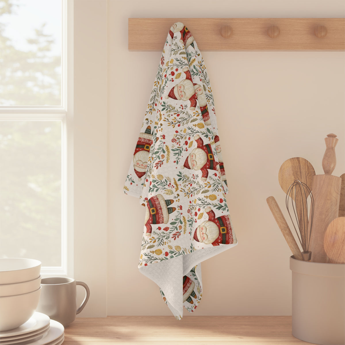 Folk Art Santa Wreath Tea Towel
