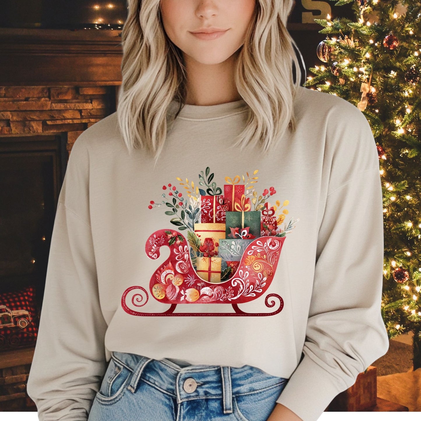 Folk Art Sleigh Long Sleeve Tee