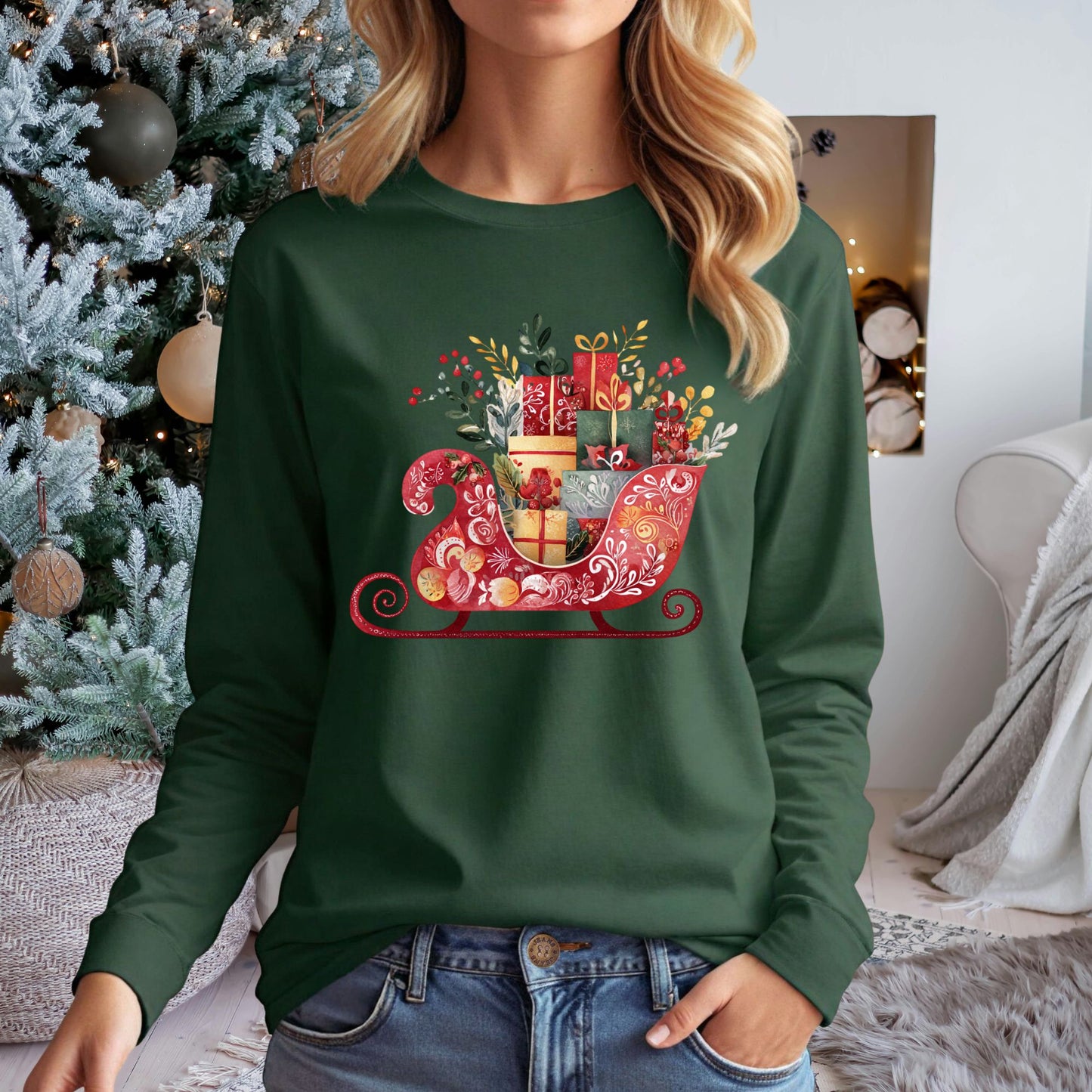 Folk Art Sleigh Long Sleeve Tee