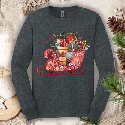 Dark Heather long sleeve tee with a folk art red sleigh brimming with festive gifts.