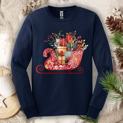 Navy long sleeve tee with a folk art red sleigh brimming with festive gifts in European hues.
