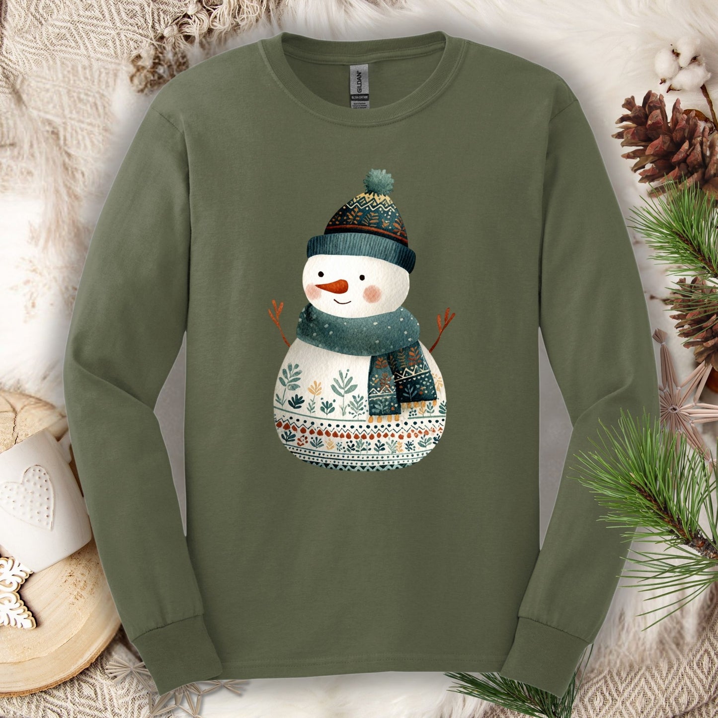 Folk Art Snowman Long Sleeve Tee