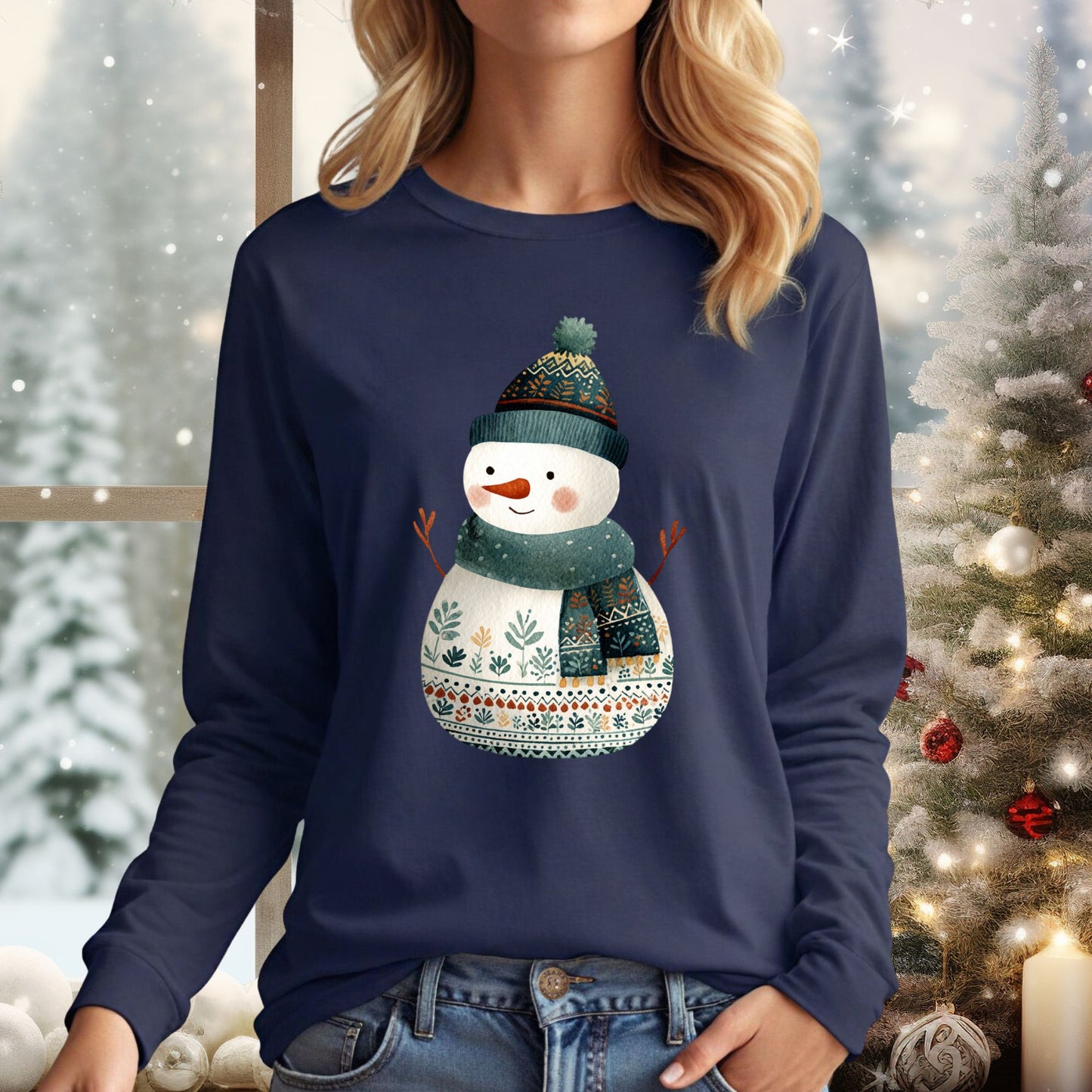 Folk Art Snowman Long Sleeve Tee