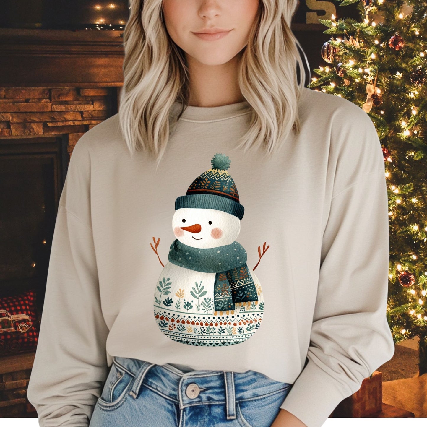 Folk Art Snowman Long Sleeve Tee