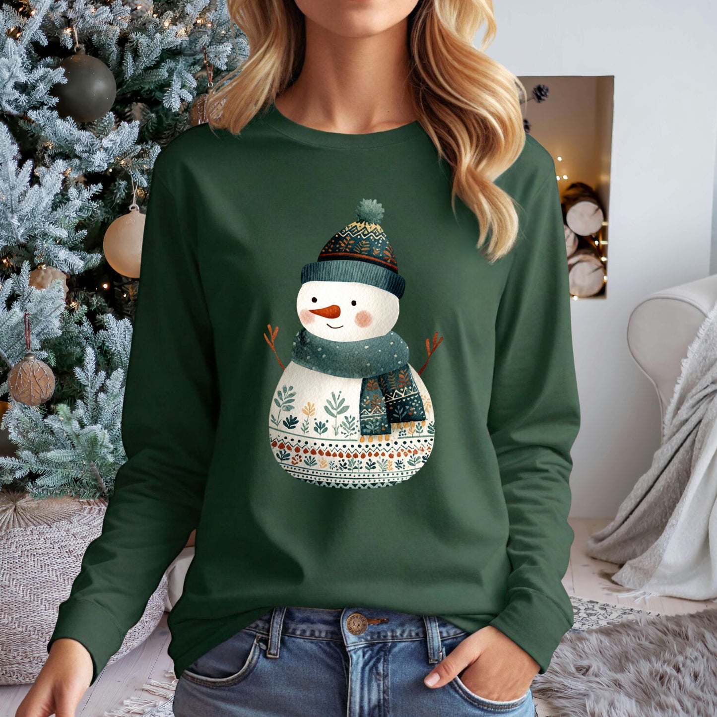 Folk Art Snowman Long Sleeve Tee