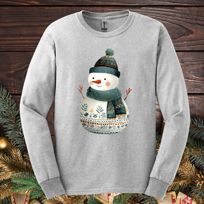 Ash Gildan long sleeve tee with a folk art snowman in a teal hat and scarf.